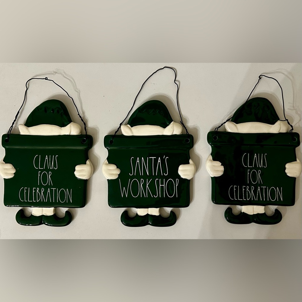 Rae Dunn Green and White Holiday Elf Signs